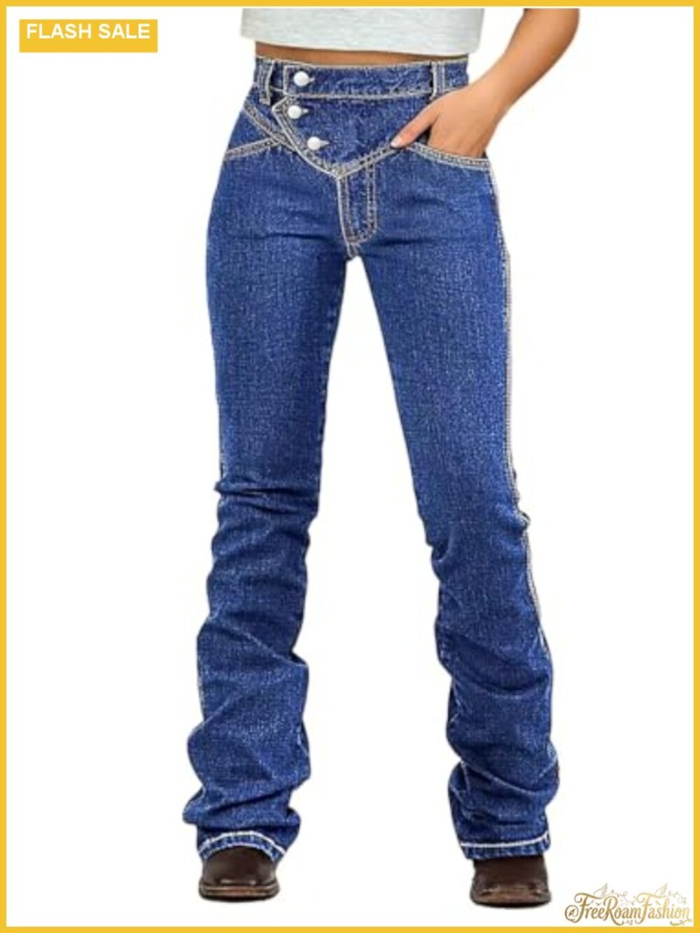 Bootcut High Waist Stretch Jeans with Button Fly Stitching